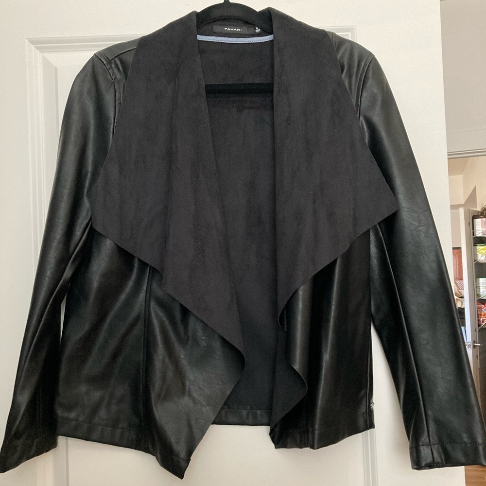 Tahari Black Draped Leather Jacket